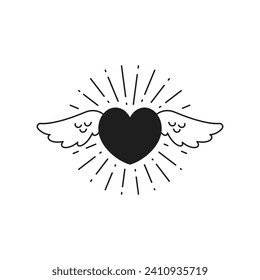 Y2k flying heart with wings romantic love symbol monochrome line retro groovy icon vector illustration. Comic amour cartoon element cute Valentine's Day minimal trendy sticker for tattoo t shirt print