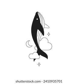 Y2k flying magic whale with cloud stars and half moon comic monochrome line retro groovy icon vector illustration. Mystic aquatic animal sacred spiritual cartoon character minimal trendy sticker