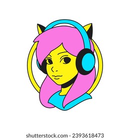 Y2k fox wolf animal teen woman in headphones DJ gamer groovy style icon vector flat illustration. Psychedelic female face in earphones contemporary cartoon character sticker for t shirt print