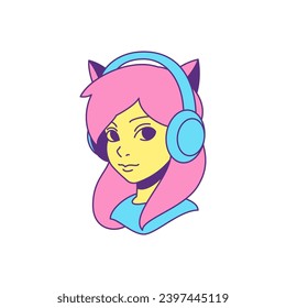 Y2k foxy mujer en auriculares retrato DJ gamer caricatura personaje groovy estilo icono vector plano