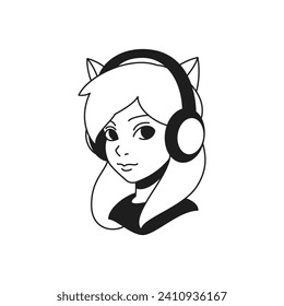 Y2k foxy woman in headphones portrait music DJ gamer monochrome line retro groovy icon vector illustration. Female with animal ears in earphones cyberspace virtual gaming minimal trendy sticker