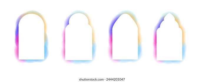 Y2k frame abstract arch, spectrum butterfly glow aura blur shapes, borders, rainbow spectrum shine color isolated on white background. 