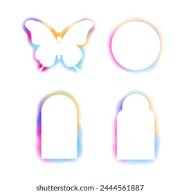 Y2k frame abstract arch, spectrum butterfly glow aura blur shapes, borders, rainbow spectrum shine color isolated on white background. 
