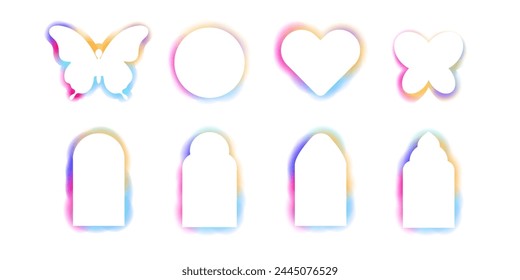 Y2k frame abstract arch, spectrum butterfly glow aura blur shapes, borders, rainbow spectrum shine color isolated on white background. 