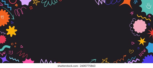 Y2k frame border background with shapes and abstract heart elements and pencil lines. Funky designs for banners, social media marketing, branding, packaging, covers. Vector background
