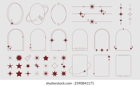 Y2k frame collection with star decorations and retro geometric borders in dark red. Minimalist oval, arch and rectangular shapes with sparkles for nostalgic aesthetic templates or digital designs.