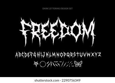Y2k Freedom Dark Lettering tattoo vector type font. Grunge style type font with Gothic Pank Rock and Dark Rock signs and symbols. Scary tattoo font 00s concept. Rock n Roll style lettering