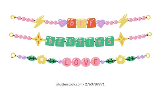 Y2K friendship bracelets set. Handmade beaded jewelry with letters, stars, hearts, and plant. Colorful funky nostalgic  DIY accessories in retro doodle style.