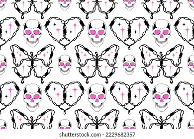 Y2k fun, Dark mood Seamless wallpaper. Goth concept with skull, wire, barbed butterfly and heart. Emo gothic 90s, 00s aesthetic, black and pink color. Glamour teen girl's background in weird style.