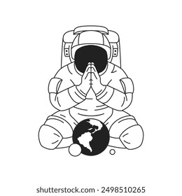 Y2k funky astronaut praying tiny planet galaxy psychedelic comic outline icon vector flat illustration. Cosmonaut in spacesuit spiritual religious prayer surreal science fiction t shirt print tattoo