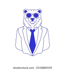 Y2k funky urso homem de negócios gravata terno cômico groovy azul esboço linha ícone vetor ilustração plana. predador psicodélico retrato animal selvagem em óculos de sol de moda pessoa de negócios elegante caneta tinta adesivo