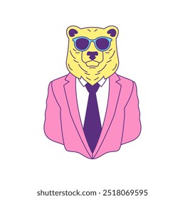 Y2k funky urso de moda homem de negócios óculos de sol quadrinho contornado ícone vetor ilustração plana. Empresário selvagem animal predador em rosa terno liderança de gravata retrato contemporâneo arte pop t camisa imprimir