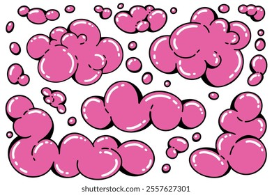 Y2k funky cloud shapes. Playful vector design. Cartoon retro pink bubbles. Bright soap suds illustration on white background