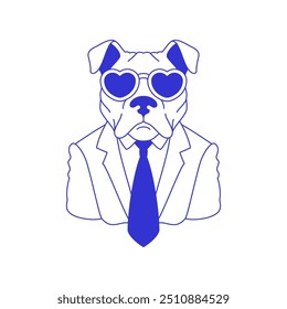 Y2k funky dog Pitbull suit sunglasses heart shape comic groovy line icon vector flat illustration. Psychedelic doggy canine pet animal businessman fashion love portrait contemporary pop art pen sketch