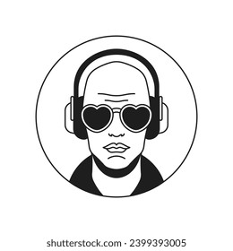 Y2k funky fashion man in headphones and sunglasses heart shape monochrome line retro groovy icon vector illustration. Trendy male portrait in earphones DJ cyber gamer minimal sticker for t shirt print
