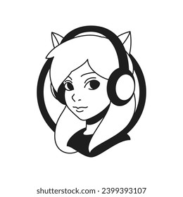 Y2k funky foxy woman in headphones DJ cyber gamer comic monochrome line retro groovy icon vector illustration. Female with animal ears in earphones portrait minimal sticker for t shirt print