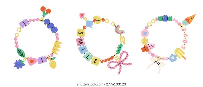 Y2K funky friendship bracelets set. Handmade beaded jewelry with letters, stars, hearts, ice cream and plant. Colorful funky nostalgic DIY accessories in retro doodle style.