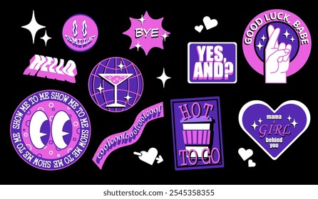 Conjunto de pegatinas de Vector femenino funky Y2K, memes y citas populares, perfecto para pegatinas, insignias, pines y otros accesorios. Adiós, sonríe, hola, caliente para ir, muéstrame a mí, buena suerte, nena.