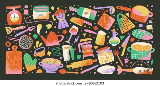 Utensilios de cocina funky Y2K con degradado texturizado de color. Abstractas Formas de utensilios de cocina funky. Elementos de diseño planos para fondos, patrones, carteles y Anuncios.