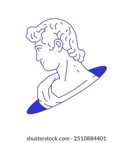 Y2k funky male Greek bust sculpture in hole comic minimal line icon vector flat illustration. Roman god head marble monument contemporary pop art blue sketch punk minimal t shirt print