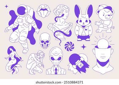 Y2k funky neo gótico psicodélico azul sketch icono conjunto de moda camiseta impresión Vector ilustración plana. Surrealista minimalista arte pop contemporáneo astronauta cráneo de conejo escultura antigua serpiente alienígena