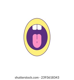 Y2k funky screaming mouth with tongue and teeth cartoon element groovy icon vector flat illustration. Weird psychedelic comic facial gesture emotion trendy sticker for t shirt print design