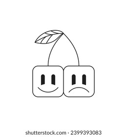 Y2k funky squared cherry berry smile and sad emoji monochrome line retro groovy icon vector illustration. Abstract berries emoticon positive and negative cartoon character minimal trendy sticker