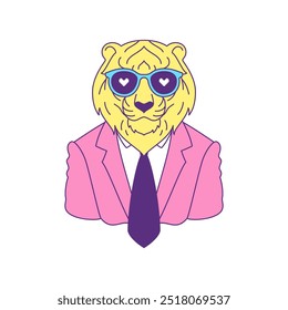 Y2k funky tiger businessman in heart sunglasses contemporary pop art contoured icon vector flat illustration. Comic wild animal business leader in pink suit tie portrait summer groovy t shirt print