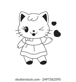 Y2k funny Kawaii cute girl cat wink with heart love outline black icon vector flat illustration. Adorable little kitty doll in dress minimal tattoo sketch glamour toy animal monochrome emblem