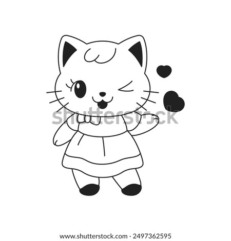 Y2k funny Kawaii cute girl cat wink with heart love outline black icon vector flat illustration. Adorable little kitty doll in dress minimal tattoo sketch glamour toy animal monochrome emblem