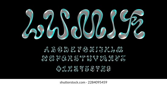 Y2K futuristic 3D effect font featuring letters and numbers with melted chrome metal effect and neon glow in vector illustration