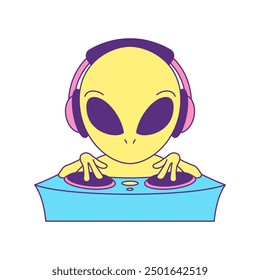 Y2k futuristic alien DJ playing vinyl music at party contemporary pop art icon vector flat illustration. Science fiction UFO humanoid disk jockey deejay musical disco festival trendy t shirt print