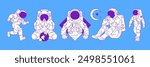 Y2k futuristic astronauts in spacesuit contemporary pop art vector illustrations set. Science fiction cosmonauts elements for sticker, print and t-shirt design