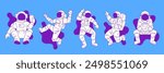 Y2k futuristic astronauts in spacesuit contemporary pop art vector illustrations set. Science fiction cosmonauts elements for sticker, print and t-shirt design