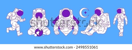 Y2k futuristic astronauts in spacesuit contemporary pop art vector illustrations set. Science fiction cosmonauts elements for sticker, print and t-shirt design