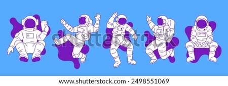 Y2k futuristic astronauts in spacesuit contemporary pop art vector illustrations set. Science fiction cosmonauts elements for sticker, print and t-shirt design