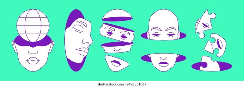 Y2k futuristic human heads section psychedelic blue vector illustrations set. Surreal persons abstract geometric contemporary pop art elements for stickers, prints and t-shirt designs