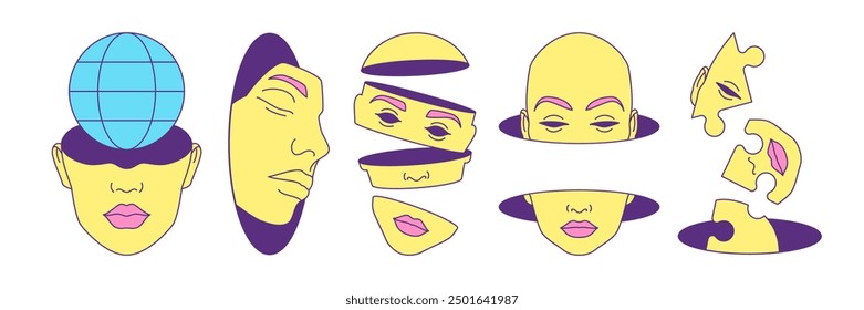 Y2k futuristic human heads section psychedelic blue vector illustrations set. Surreal persons abstract geometric contemporary pop art elements for stickers, prints and t-shirt designs