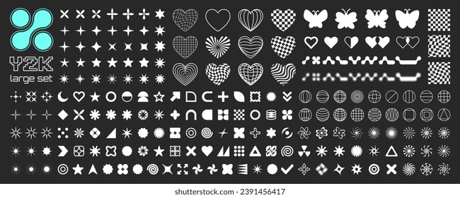 Y2K futuristic retro design elements. Big collection of abstract graphic symbols and signs, geometric figures. Vector illustration, buttons, logos, decorations.