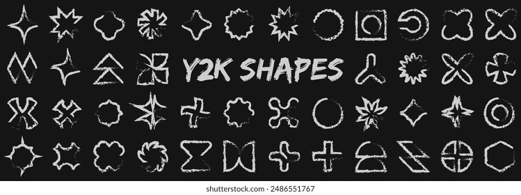 Y2K futuristic shape design elements. Large collection of abstract graphic retro geometric symbols and objects in 2000 style. Templates for notes, posters, banners, stickers, business cards,logo.