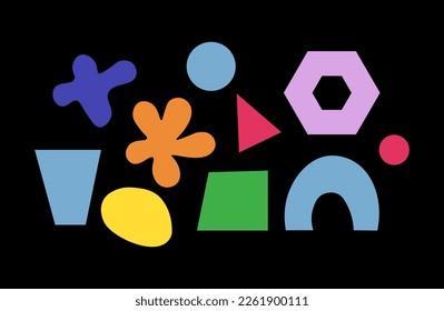 Y2k geometric abstract shapes on black background. Colorful shapes orange, pink, blue colors.