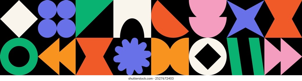 Y2k geometric shape seamless pattern. Brutalism shapes on black background. Retro minimalist geometric horizontal seamless poster. Abstract forms in retro style. Wrapping design illustration.