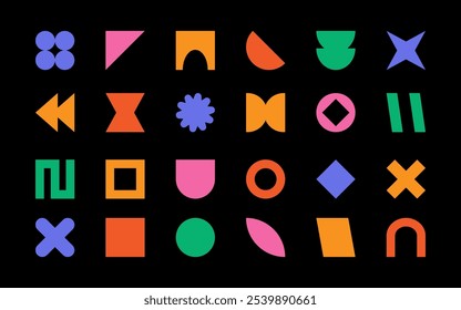 Y2k geometric shape set. Y2k collection of brutalism forms, minimalist geometric elements. Futuristic abstract forms in retro style. Shapes in squares.