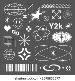Y2K geometric shapes and brutalism in design. A collection of futuristic minimalist forms inspired by Bauhaus style for modern graphic projects