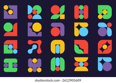 Y2K geometric shapes set in flat graphic design. Collection isolated elements with colorful abstract geometry figures with basic circles and curve forms minimalist collage badges. Vector illustration.
