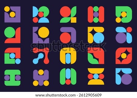 Y2K geometric shapes set in flat graphic design. Collection isolated elements with colorful abstract geometry figures with basic circles and curve forms minimalist collage badges. Vector illustration.