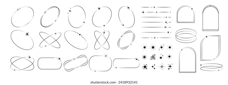 y2k geometric shapes set . Trendy design in black color with frame, glitter, star, lines. Aesthetic retro vector element illustrated for banners, social media, poster design
