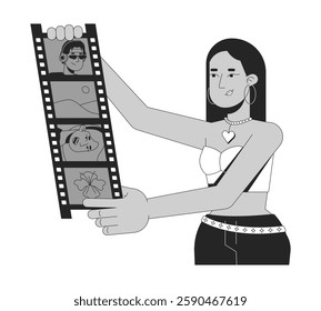 Y2k girl holding photo strip black and white 2D illustration concept. Nostalgic memories. Middle eastern woman photographer filmstrip outline character isolated. Metaphor monochrome vector art