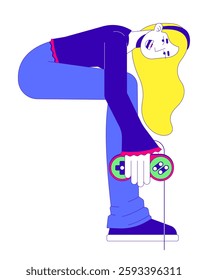 Y2k girl with long blonde hair holding game controller 2D cartoon character. Gaming nostalgia. Retro female gamer crouching isolated person flat vector on white background. Spot illustration colorful