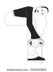 Y2k girl with long blonde hair holding game controller black and white 2D line character. Gaming nostalgia. Retro female gamer crouching isolated vector outline person. Monochromatic spot illustration